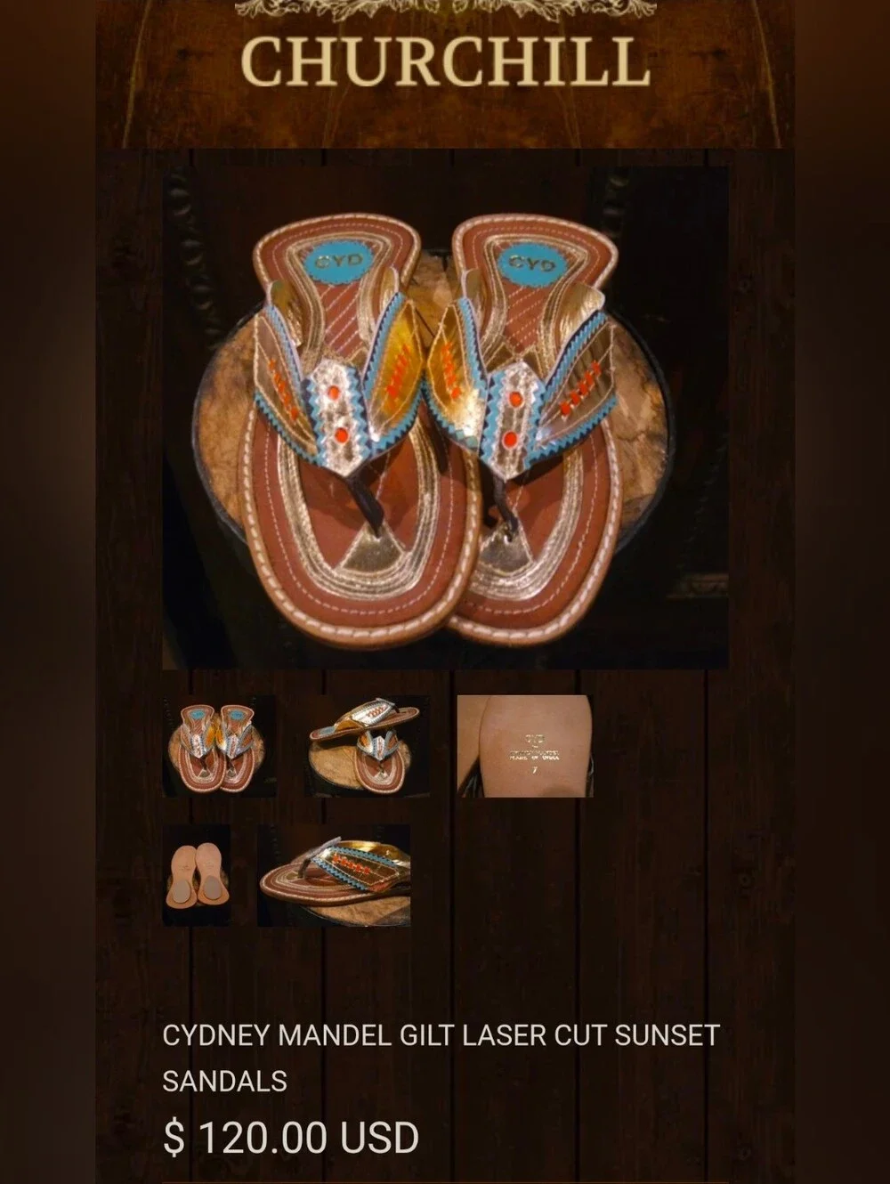 Cydney Mandel Gilt Laser Cut Sunset Sandals with Turquoise/Orange accents Size 9